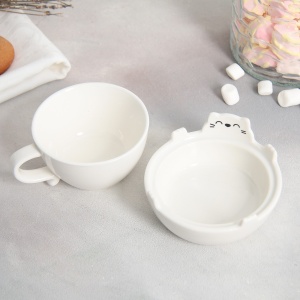 Набор чайный керамика Белый кот кружка 150 мл , миска 10*3 см