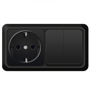 Блок Олимп:выключатель 2кл+розетка з/к о/п горизонтальный черный 6810 5шт