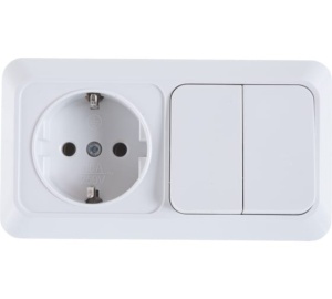 Блок Олимп: 2кл.выкл+роз з/к о/п гориз белый О0033 5шт