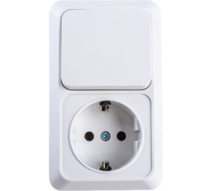 Блок Олимп: 1кл.выкл+роз з/к о/п верт белый О0038 5шт